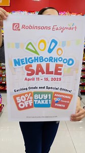 🎉 Are you ready for unbeatable deals? ✨Enjoy Buy 1 Take 1 deals, up to 50% off, and exclusive Go Rewards offers from April 11 to 15, 2025 at all Robinsons Easymart stores nationwide! 🏡Plus, don’t miss the Grand Neighborhood Sale happening on April 12, 2025 at 5K Court, Brgy. Milagrosa, Project 4, Quezon City! 🛍️📅 Mark your calendars and bring your Easy buddies—big savings and fun await!See you there!Pin location: https://bit.ly/3R2Mk7w. | Robinsons Easymart