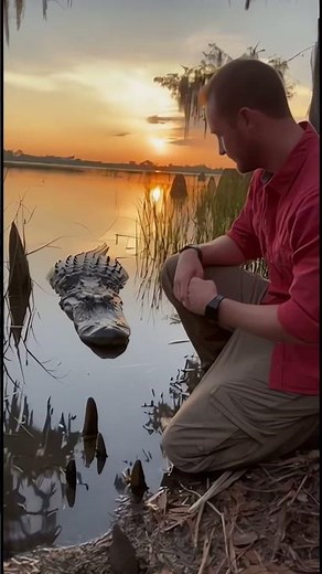 Wildlife expert observes alligator emerging from water #naturevideo #wildlifeencounter #4kfootage