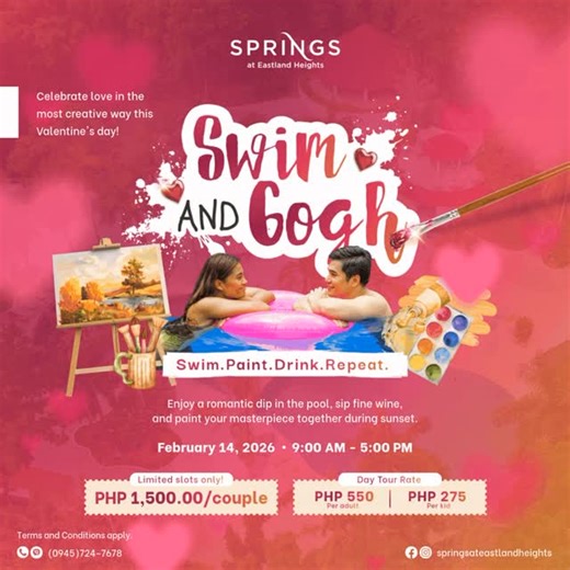 Learning on the Gogh on Instagram: "Valentines is just around the corner. Make this year extra special as we go to @springsateastlandheights. Lets Swim and Gogh together 🏊🎨 Join us this February 14, 2026 from 9AM to 5PM for an unforgettable Valentines date experience. Rates: Swim and Gogh - Php 1,500.00/couple Day Tour - Adult 550.00 | Kids 275.00 Limited slots only. Secure your spot now and create memories that last longer than a bouquet of roses! Registration: https://forms.gle/f3wJdrsxjDvD4