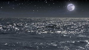 Full moon and stars over moonlit ocean waters.