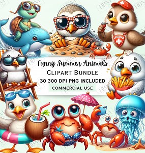 Funny Summer Animal Clipart Bundle, Beach Cartoon PNG, Tropical Digital Download, Kawaii Vacation Art, Transparent Image, Commercial Use - Etsy