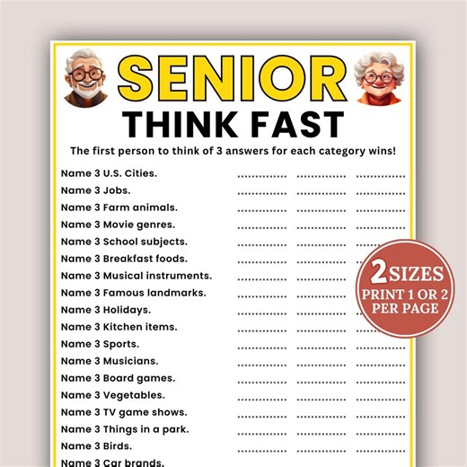 Senior Think Fast Game, Think Quick Game, Games for Senior Citizens, Dementia Games, Seniors Memory Game, Fast Answers, Elderly Activity - Etsy New Zealand