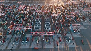 Container terminal port aerial topdown. Aerial top view footage of container terminal. Industrial cargo port. Logistic center. Industrial cargo port.