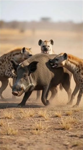 A group of wild dogs attacked and bit a wild boar.