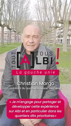Jean-Luc Suarez on Instagram: "🎥 Portrait de colistier – jour 16 Christian Morgo, 69 ans, attaché principal de la fonction publique, directeur d’un plan local pour l’insertion et l’emploi, habitant du quartier de Veyrières. Fort d’un parcours professionnel consacré à l’emploi, à l’insertion et aux politiques publiques locales, il met son expertise au service des territoires et des publics les plus fragilisés. 🗣️ « Je m’engage pour partager et développer cette expérience sur Albi, et en particu