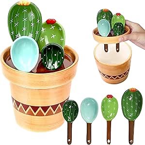 Stocking Stuffers for Women Christmas Gifts for Mom Housewarming Gift New Home Mothers Day Gifts Ceramic Cactus Measuring Cups and Spoons Set Organizer Cute 4 Size Measuring Spoons Set for Kitchen