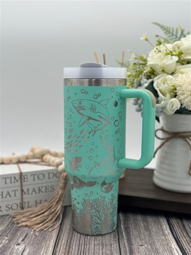 Laser Engraved Shark Tumbler With Handle | 40oz Travel Mug - Etsy