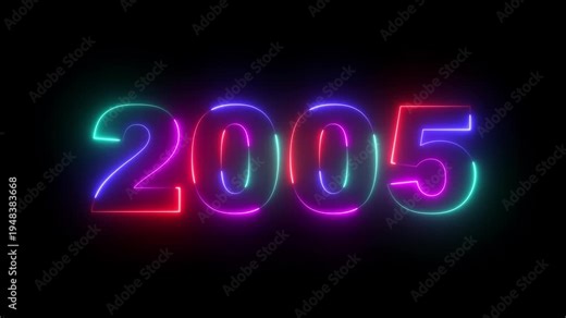 Happy new year 2005 Neon animated background. Video animation of abstract neon light with the numbers 2005 over blue background - represents the new year. 2005 happy new year.