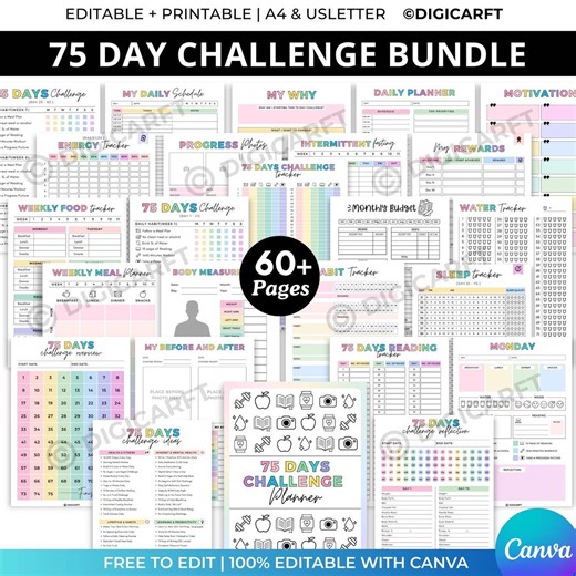 75 Day Challenge Editable,75 Soft Challenge Tracker Planner,fitness Planner Printable Pdf,75 Medium Challenge Template,water Steps Trackers - Etsy