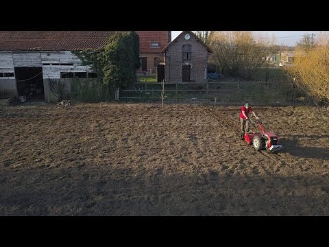 préparation d'un terrain à l'engazonnement avec un motoculteur équipé d'un enfouisseur de pierre