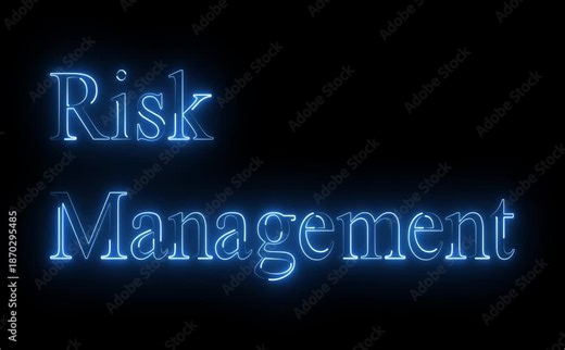Neon risk management icon glows with animated text, shields, charts, and alerts, symbolizing assessment, mitigation, compliance, stability, foresight, control, resilience, and secure strategic .