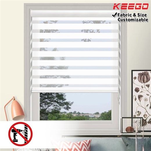 Keego No Drilling Zebra Window Shades Modern Design Roller Shade w/ Dual Layers Light Filtering White Valance Blinds for Home Office Bathroom White Fabric 28.5"w x 36.0"h