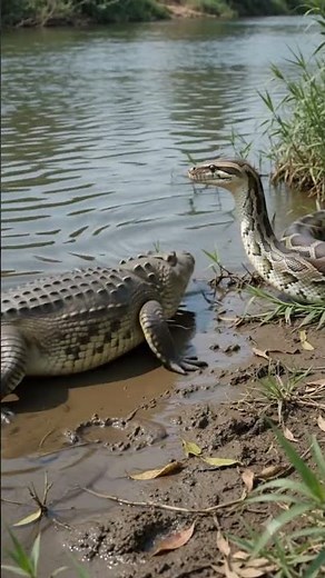 Crocodile vs Python – Riverbank Tension 🐊🐍