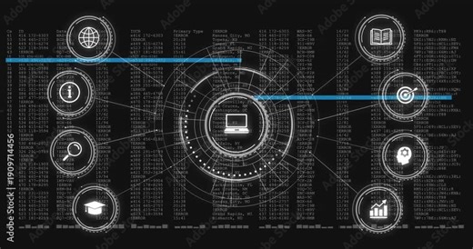 Blue scan line starting sequence central HUD rotating rings and lighting icons showing data flow