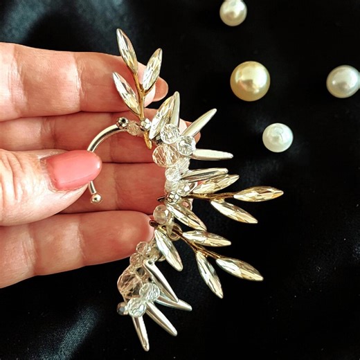 Bridal Silver Leaf Ear Cuff No Piercing Crystal Ear Climber Earrings for Fairy Wedding - Etsy