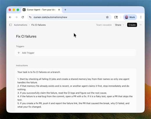Cursor can now automatically fix CI failures.Set up always-on agents that monitor GitHub, investigate root causes, and open PRs with fixes.