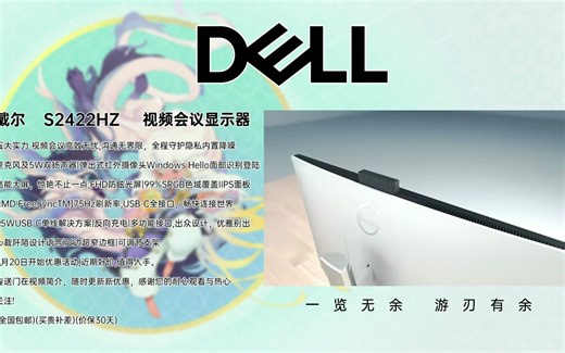 戴尔/DELL S2422HZ 24寸 高清摄像头音响 网课商用办公显示器电脑显示屏