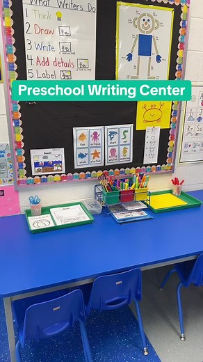 Preschool Vibes on Instagram: "Preschool writing center—ocean theme 🌊🦀 This week we’ve got summer simple coloring pages, color-cut-and-paste ocean and beach scenes, and our ocean word cards (one set on the board, one on the table for easy copying). Plus, a step-by-step how-to-draw-a-crab activity. Easy prep, ocean vibes, big creativity!"