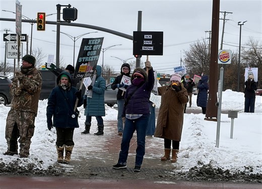 Protesters bundled in winter gear line sidewalks of busy street in Oakland County on Saturday, Jan. 31, 2026 to protest immigration enforcement and ICE killings. | Detroit Free Press