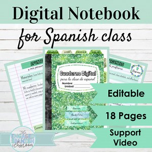 Editable Digital Interactive Notebook Template for Spanish Class | Green Theme