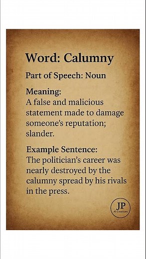 Calumny (/ˈkæl.əm.ni/): A false and malicious statement made to damage someone’s reputation; slander