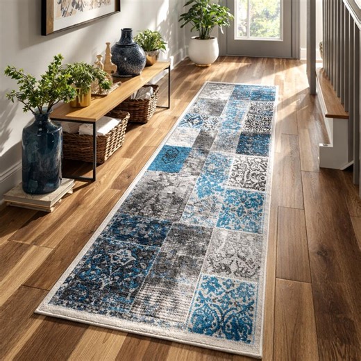Patchwork Blue Runner Rug: Turquoise Gray Pattern Carpet, Modern Vintage Style Hallway Decor - Etsy