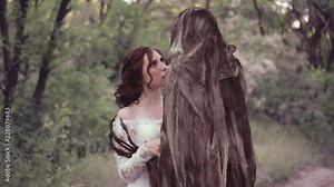 shocked young cute girl in a long white transparent dress was captured by the devil, the forest fairy looks at the face of death, despite the fear. evil holds a woman with long claws by the shoulders