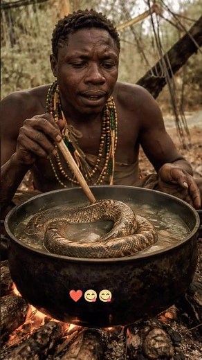 Hadzabe Snake Soup 😱🐍 Ancient Bush Recipe in the Wild#snake #viral #shorts #bushcraft #wildlife#