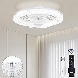 VOLISUN Socket Fan Light with Remote, Socket Ceiling Fan with Dimmable Led Light, 3 Colors 3000K-6500K, Screw in Small Ceiling Fan for Bedroom, Kitchen, Living Room, Garage(White)