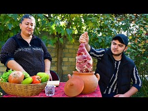 Azerbaijan Village Cooking, National Dish BUGLAMA, (Goat Meat) Outdoor Cooking