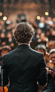 Cinematic back view of a conductor leading a symphony orchestra while violinists are playing