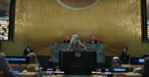 Un dinosaurio visitó la Asamblea de la ONU para alertar sobre el cambio climático