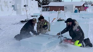 20K views · 293 reactions | Jonny Stableford(Scotland), Josh Niven (Michigan), and Kat Sennett (Pennsylvania) work together to slice this ice block for our Game Area in the Children’s Park. | Ice Alaska | Facebook