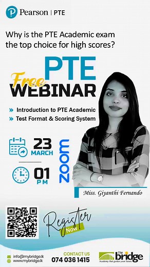 Are you ready to take your PTE Exam to the next level?🎯 Whether you're aiming for a higher score for university admissions or immigration, the PTE exam can be a game-changer for your future. Join our FREE PTE Webinar with Miss. Giyanthi Fernando and learn about: ✅ Introduction to PTE Academic ✅ Test Format & Scoring System 📅 Date: 23rd March ⏰ Time: 1 PM 📍 Platform: Zoom "The Bridge Education owns the best lecture panel in the city for PTE Academic🔝🎯" Don't miss out on this golden opportuni