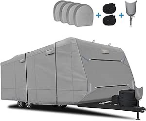 RVMasking Upgraded 6 Layers Top Travel Trailer RV Cover Waterproof Camper Cover for 31'7" - 34' RV - Prevent Top Tearing Caused by Sun Exposure with 4 Tire Covers 2 Straps, Tongue Jack Cover