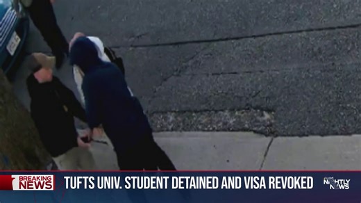 Federal authorities detained a Tufts University graduate student Tuesday while she was on her way to break her Ramadan fast with friends, her lawyer said, in a moment that was caught on video. DHS officials say Rumeysa Ozturk, a Turkish national who was maintaining a valid F-1 student visa as a doctoral student, was allegedly engaged in activities "in support of Hamas." Ozturk's attorney denied the allegations. NBC News' Stephanie Gosk reports. | NBC Nightly News with Tom Llamas