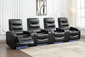 4PCS Power Recliner Chair with USB Port,Cup Holder,Ambient Lighting Black Faux Leather Electric Reclining Chair Set of 4,Home Theater Seating Recliner for Living Room w/Tray Table,Hidden Arm Storage