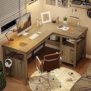 Bestier L Shaped Desk for Home Office, Farmhouse Computer Desk with Storage Cabinet, Office Desk with Bookshelf, 2 Person Computer Desk Up to 82 inch, Corner Desk with Shelves, Gray
