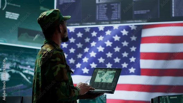 US soldiers operating in a high tech cybersecurity command post, managing state secrets and classified information. Protecting servers against digital threats and cyber warfare. Camera A.