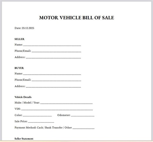 Editable Motor Vehicle Bill of Sale Template A4 US Letter | Car Sale Agreement Form - Etsy