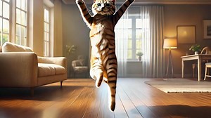 Download A Charming Dancing Cat Present in a Cozy Living Room Filled with Colorful Decor Items for free