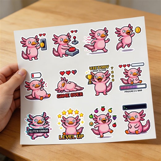 Sticker Sheet Chubby Axolotl Pixel Arcade Mascot Stickers - Retro Game Neon, Printable Vinyl, Gamer Gift - Etsy