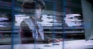 Woman, programming and coding at night on computer dashboard for software or application at office