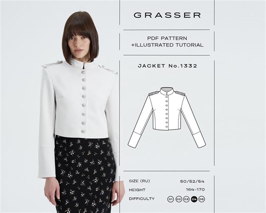 Military Jacket Sewing Pattern No.1332 | Cropped Epaulette Blazer | Sizes 50 / 52 / 54 (RU) - Etsy