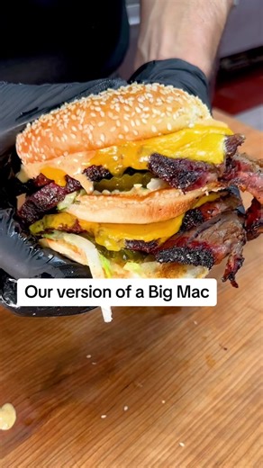 This is Sweet Baby Ray’s version of a Big Mac- The BIG Baby Ray Brisket Sandwich! How’d we do @Chef Mike Haracz ? ☺️ BRISKET INGREDIENTS -1 whole beef brisket (12-15 lbs), trimmed -Yellow mustard (for binder) -Duce's Wild Texas Rub -Extra coarse black pepper -Hickory wood for smoking BRISKET INSTRUCTIONS Trim the Brisket: -Trim the excess fat from the brisket, leaving about 1/4 inch of fat cap for moisture. Prepare the Binder and Seasoning: -Apply a thin layer of yellow mustard all over the bris