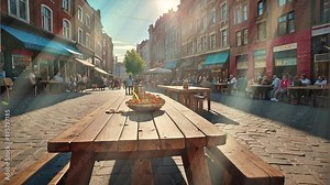 A bustling cafe scene on an urban street during the day is showcased in this 4K looping video, complete with the hustle and bustle of passersby.