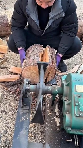 splitting large brown wood logs using a professional electric hydraulic log splitter machine tool