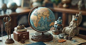 An antique globe and travel accessories sit on a map-covered table with various decorative objects like figurines and pinecones. The scene evokes a sense of exploration and travel