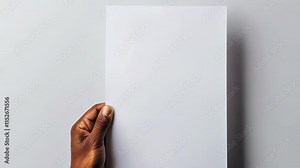 Hand holds blank vertical sheet of white paper against soft gradient background, highlighting its texture and simplicity for stationery, design mockups, and creative projects.