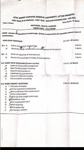 post basic bsc nursing question paper "Maternal health nursing' first year #maternalhealth #nursing